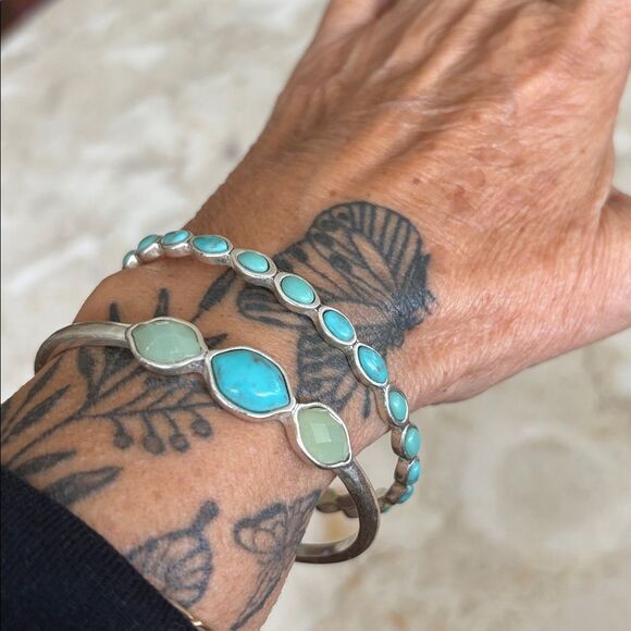 Lucky Brand Silver-tone & Turquoise Stones Boho Bangle Bracelet Set - Picture 3 of 10